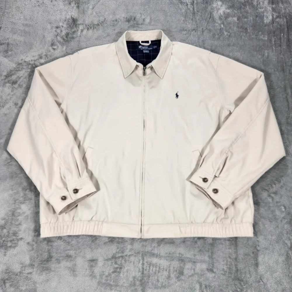 Polo Ralph Lauren Jacket Mens XL Beige Bi Swing Full Zip Plaid Lined